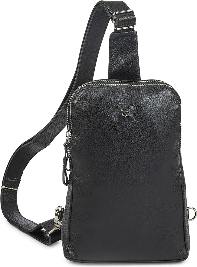 Leather Sling Bag for Women Genuine Crossbody Purse Small Trendy Cross Over Chest with Phone and Credit Card Slots (Black Nappa)