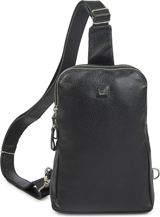 Leather Sling Bag for Women Genuine Crossbody Purse Small Trendy Cross Over Chest with Phone and Credit Card Slots (Black Nappa)