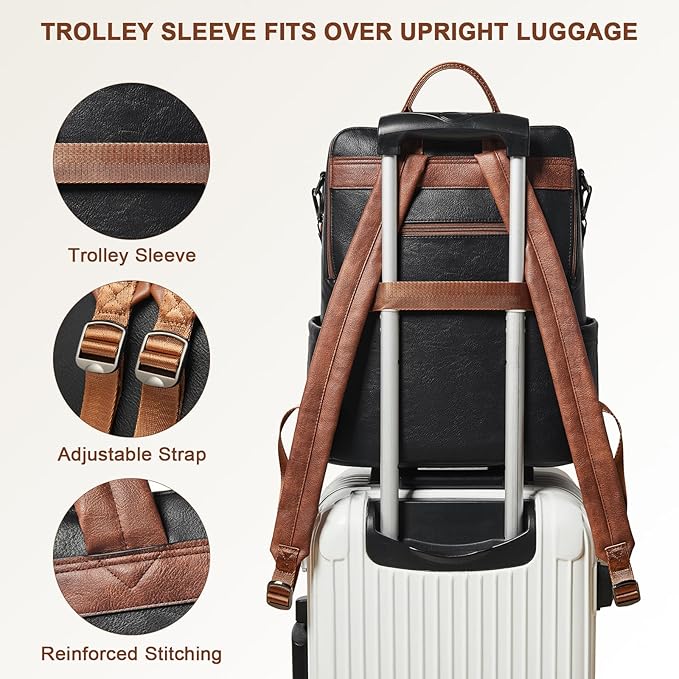 Shrrie Laptop Backpack for Women 15.6 inch,Travel Leather Backpack Purse Nurse Teacher Carry on Backpack Computer Bag,Professional Water-Resistant College Business Work Casual Daypack,Black with Brown