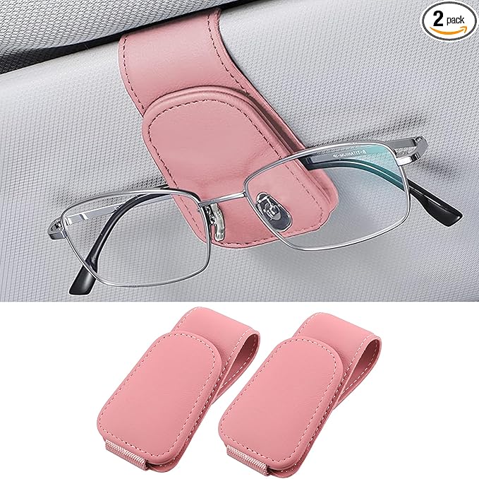 2PCS Sunglasses Holders for Car Sun Visor, Leather Eyeglasses Hanger Mounter, Magnetic Glasses Holder and Ticket Card Clip, Universal Auto Interior Accessories (Pink, 2PCS)