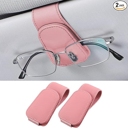 2PCS Sunglasses Holders for Car Sun Visor, Leather Eyeglasses Hanger Mounter, Magnetic Glasses Holder and Ticket Card Clip, Universal Auto Interior Accessories (Pink, 2PCS)