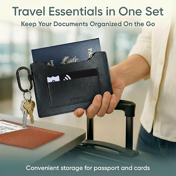 Passport Holder – Slim RFID Blocking Leather Passport Wallet with Built-In RFID Protection & Black-Tone Carabiner, Travel Essentials (Black Embossed Logo)