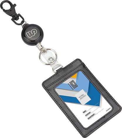 Wisdompro ID Badge Holder with Retractable Keychain, 2-Sided PU Leather Pass Card Holder with 2 Card Slots and Badge Reel for Work, School, Metro, Bus, Access Card - Black, Vertical