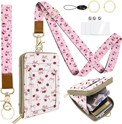 PU Leather Lanyard Bow-Tied Cherries Wallet with ID Badge Holder with 1 Zip Pocket and 3 Card Slots Keychain for Office School Business