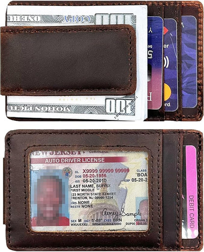 Leather Money Clip Front Pocket Wallets for Men RFID Blocking Strong Magnet Slim Wallet (Small Crazyhorse Brown)