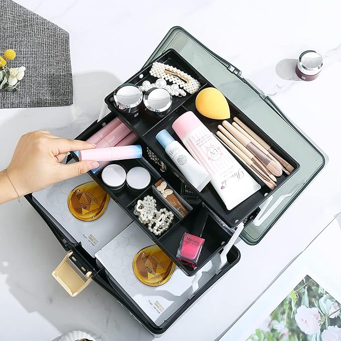 Kinsorcai 12'' Three-Layer Clear Plastic Storage Box/Tool Box, Multipurpose Organizer and Portable Handled Storage Case for Art Craft and Cosmetic (Black)
