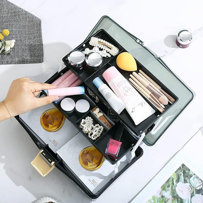 Kinsorcai 12'' Three-Layer Clear Plastic Storage Box/Tool Box, Multipurpose Organizer and Portable Handled Storage Case for Art Craft and Cosmetic (Black)