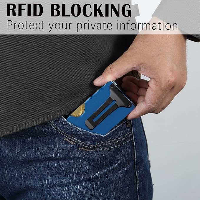 Slim Wallet for Men,RFID Blocking Minimalist Metal Wallet, Money Clip/Cash Holder, Front Pocket Aluminum Credit Card Holder, Ideal Gift for Men-Matte Blue