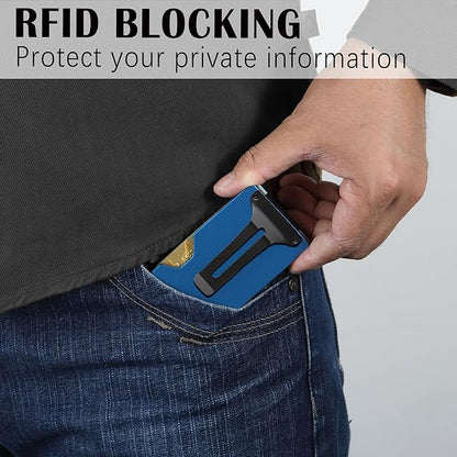 Slim Wallet for Men,RFID Blocking Minimalist Metal Wallet, Money Clip/Cash Holder, Front Pocket Aluminum Credit Card Holder, Ideal Gift for Men-Matte Blue