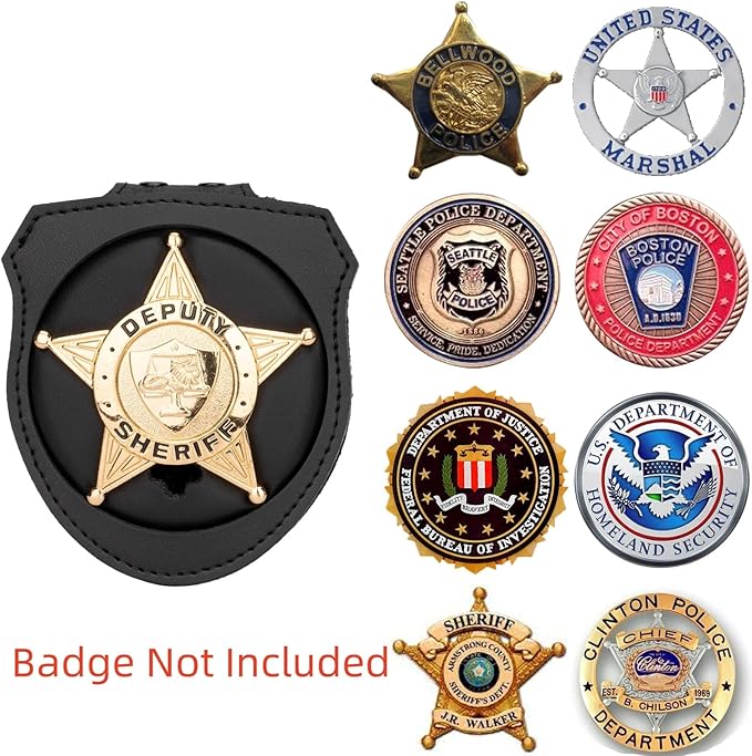 TT TYTX Police Badge Holder (Badge Not Included), Leather Universal Sheriff Badge Holder with Belt Clip, Hook and Loop Closure and Round Neck Stainless Steel Chain (Circle 2.7 Inch)