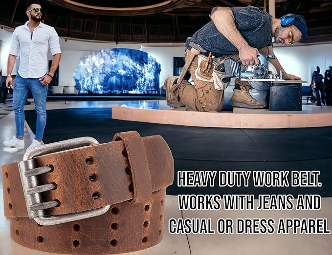 F&L CLASSIC Men's Genuine full grain leather belt heavy duty, work or casual belts for jeans, triple Prong buckle,1.5” wide,