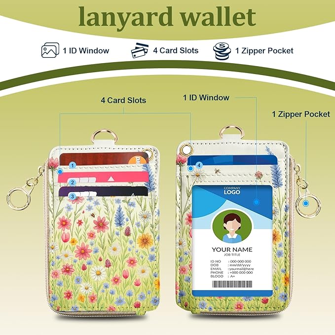 Floral Lanyard Wallet, PU Leather Lanyards for ID Badges, RFID Blocking, ID Badge Holder with Zipper Pocket Detachable Phone Lanyard Keychain Wristlet for Office School Business