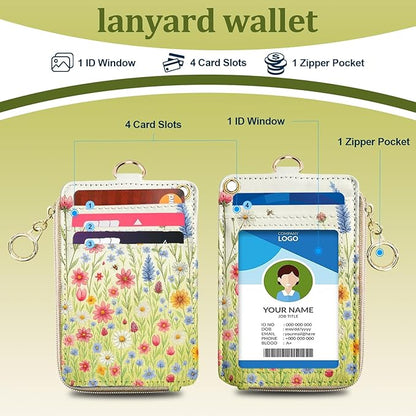 Floral Lanyard Wallet, PU Leather Lanyards for ID Badges, RFID Blocking, ID Badge Holder with Zipper Pocket Detachable Phone Lanyard Keychain Wristlet for Office School Business