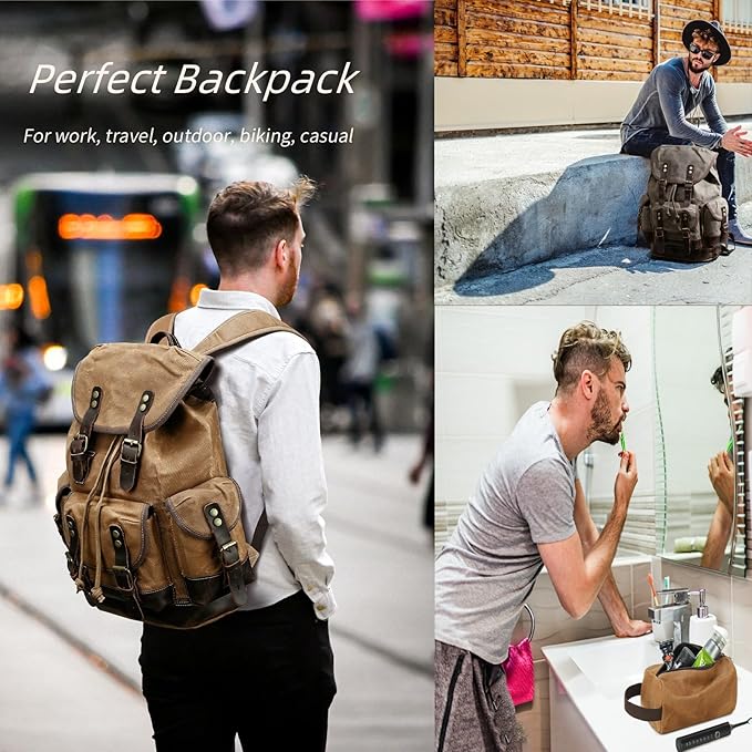 Wogarl Leather Backpack for Men, Waxed Canvas Vintage Backpack Rucksack for Business College Travel Hiking Shoulder Daypacks With Toiletry Bag(Khaki)