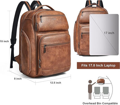 Vegan Leather Backpack, 40L Expandable, TSA Travel Backpack for Men and Women, Fits 17.0 Inch Notebook with Luggage Strap and USB Port, Brown
