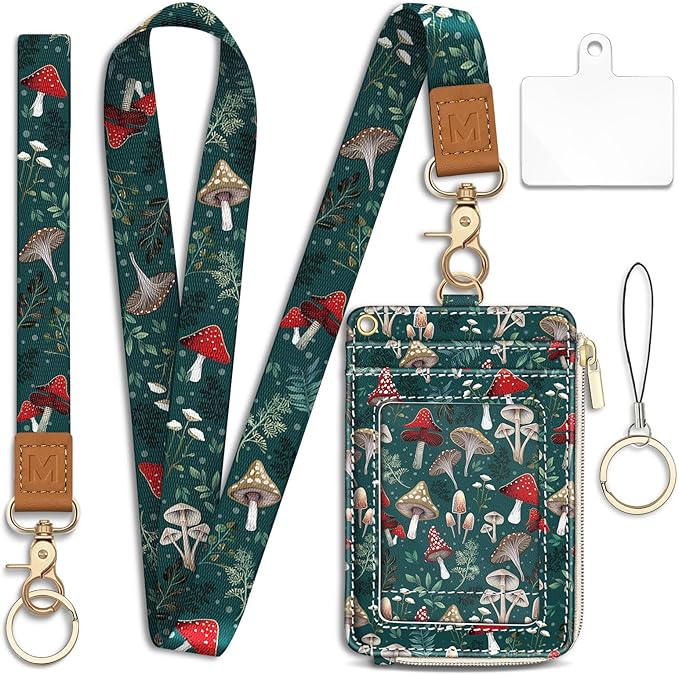 Lanyard Wallet with Id Badge Holder, Mushroom RFID Small Keychain Wallet Women Wristlet, Cute Zipper Credit Card Holder Phone Wrist Neck Strap for Key Name Tag, Teacher Student Office Gifts