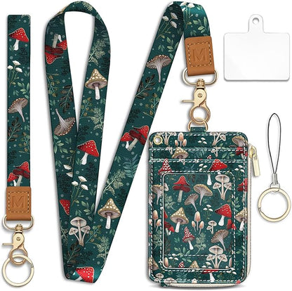 Lanyard Wallet with Id Badge Holder, Mushroom RFID Small Keychain Wallet Women Wristlet, Cute Zipper Credit Card Holder Phone Wrist Neck Strap for Key Name Tag, Teacher Student Office Gifts