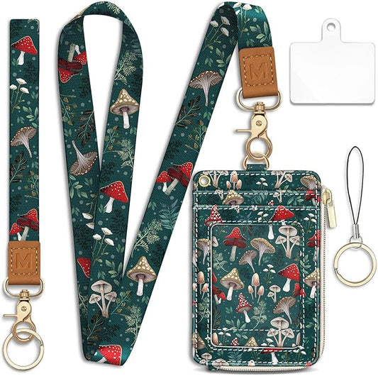 Lanyard Wallet with Id Badge Holder, Mushroom RFID Small Keychain Wallet Women Wristlet, Cute Zipper Credit Card Holder Phone Wrist Neck Strap for Key Name Tag, Teacher Student Office Gifts