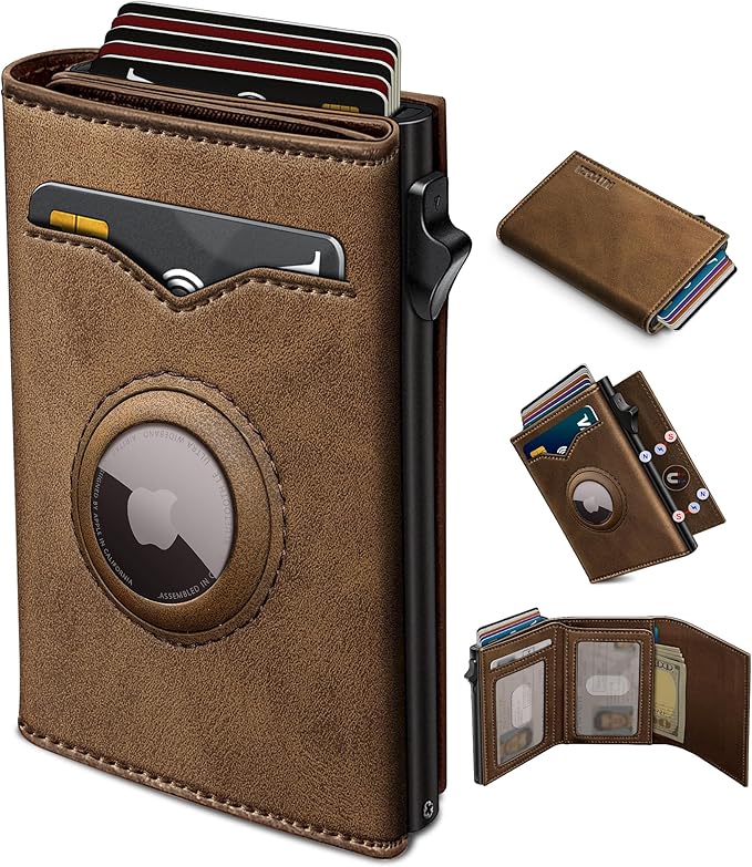 miyozi Airtag Wallet for Men,with Cash Pocket 2 ID Window 9-12 Cards,Metal Case Smart Slim Pop Up Credit Card Holder Flip with Magnetic Closure RFID Blocking Trifold wallet with Gift Box