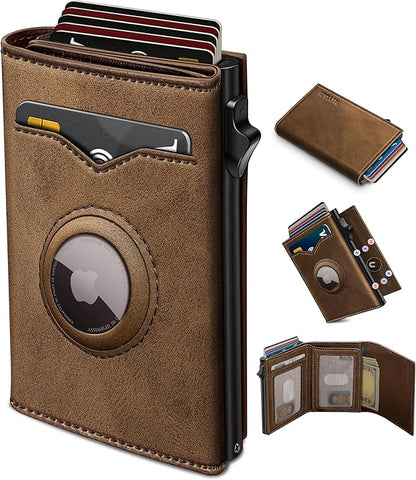 miyozi Airtag Wallet for Men,with Cash Pocket 2 ID Window 9-12 Cards,Metal Case Smart Slim Pop Up Credit Card Holder Flip with Magnetic Closure RFID Blocking Trifold wallet with Gift Box