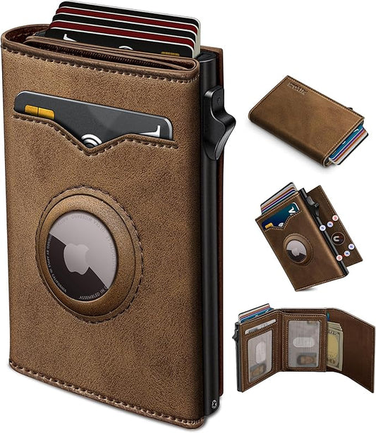 miyozi Airtag Wallet for Men,with Cash Pocket 2 ID Window 9-12 Cards,Metal Case Smart Slim Pop Up Credit Card Holder Flip with Magnetic Closure RFID Blocking Trifold wallet with Gift Box