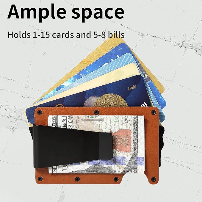 Minimalist Slim Wallet for Men,RFID Blocking Metal Wallet,Aluminum Credit Card Holder & Money Clip 12-15 Cards,Slim Rfid Front Pocket Mens Wallet,Leather Brown