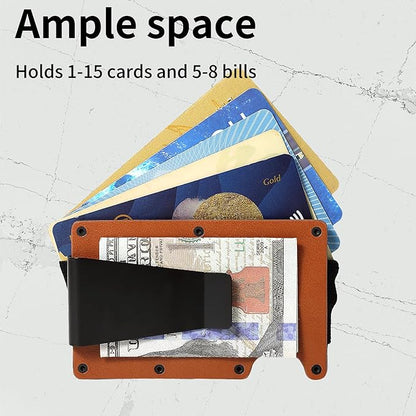 Minimalist Slim Wallet for Men,RFID Blocking Metal Wallet,Aluminum Credit Card Holder & Money Clip 12-15 Cards,Slim Rfid Front Pocket Mens Wallet,Leather Brown