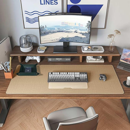 DAWNTREES Dark Green Desk Mat,Leather Desk Pad,35.5"x17",Cork Desk Mat Protector,with PU Leather Valet Tray Organizer,Large Mouse Pad,Desk Writing Pad for Office and Home