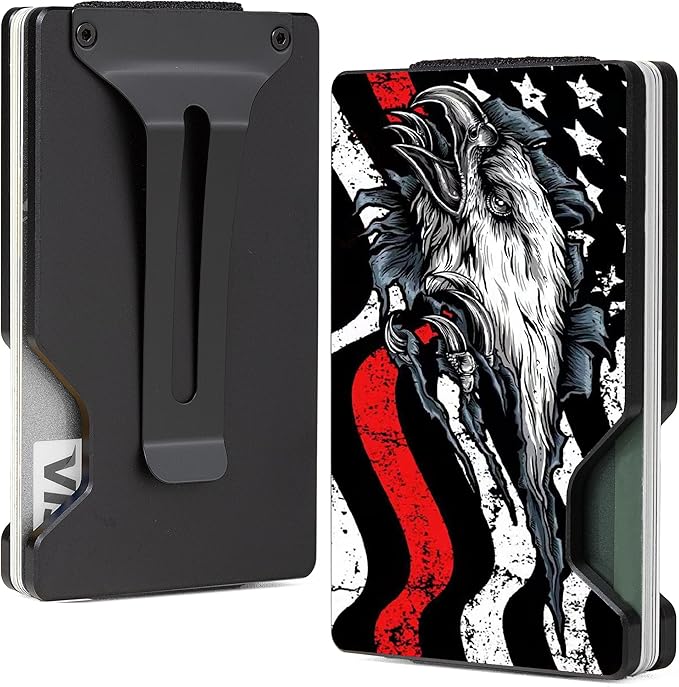 Minimalist Slim Wallet for Men,RFID Blocking Metal Wallet,Aluminum Credit Card Holder & Money Clip 12-15 Cards,Slim Rfid Front Pocket Mens Wallet,Redline-American USA Flag Eagle