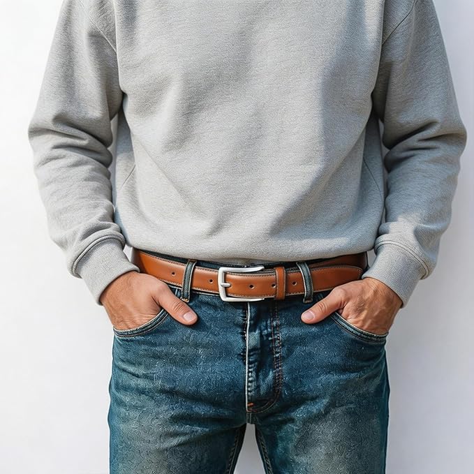 Mens Genuine Leather Dress Belt for Men, Handmade, 100% Cow Leather,Classic Casual and Business Belt Prong Buckle