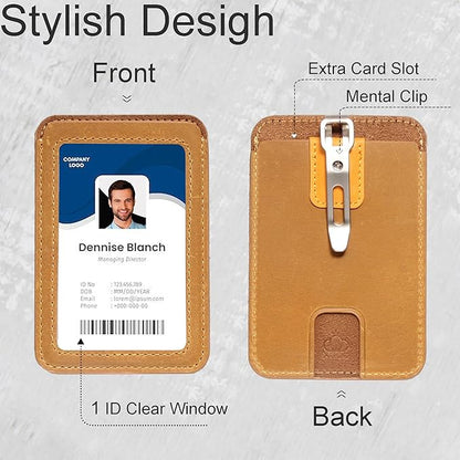 1 Pc LeeFirst Double Sided Leather ID Badge Holder with Leather Lanyard, ID Card Holder with Clip, Vertical Slim Design, 3 Card Slots for Nurse Teacher Student Office