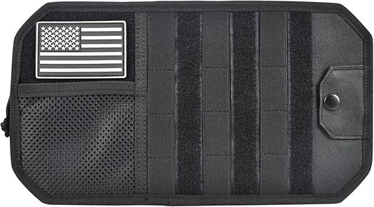Molle Car Sun Visor Organizer, Tactical Car Sunshade Storage Pouch, Semi-Rigid MOLLE Panel with Zipper Storage Pouch & Glasses Clip, Fits Jeeps, Most Vehicles, SUVs, Trucks (Black)