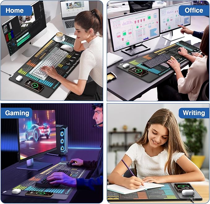Wireless Charging Mouse Pad with Excel Formulas Shortcuts, 31.5"x15.8" Extra Large Office Spreadsheet Cheat Sheet Desk Mat, Waterproof Ultra-Smooth Surface, Non-Slip Base, with 20W PD Adapter