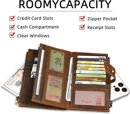 Genuine Crazy Horse Leather Travel Gift Coin Pocket Card Case Long Organizer Chain Rfid Wallet Purse With Snap For Men Male 1803 1815 (1815 Brown)