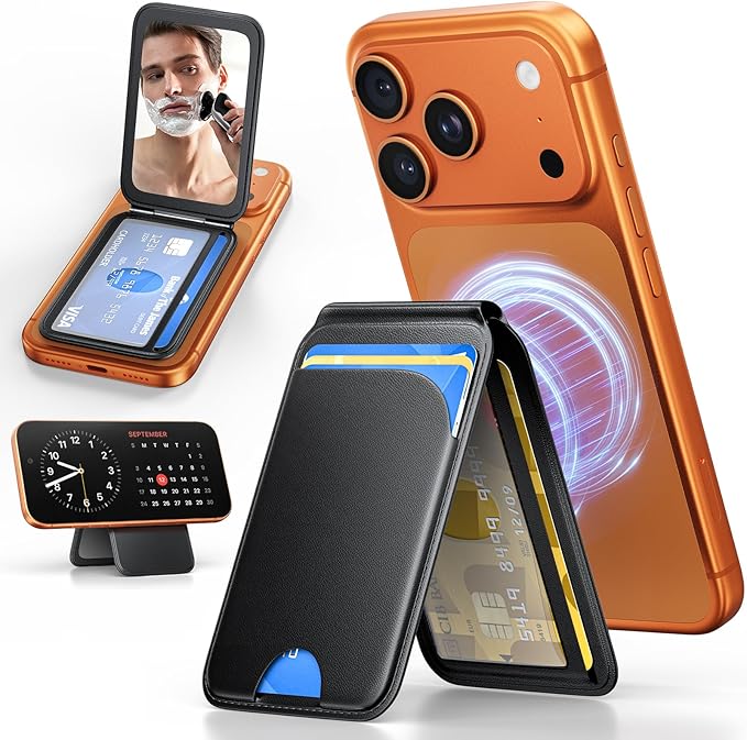 QYQBOON Magnetic Phone Wallet With Makeup Mirror - Mag Safe Wallet Leather RFID-Blocking Mag-Safe Card Holder for iPhone 17/16/15/14/13/12 Series, Not for iPhone 13/12 Mini (Black)