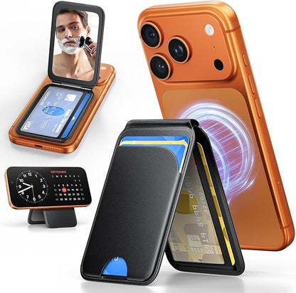 QYQBOON Magnetic Phone Wallet With Makeup Mirror - Mag Safe Wallet Leather RFID-Blocking Mag-Safe Card Holder for iPhone 17/16/15/14/13/12 Series, Not for iPhone 13/12 Mini (Black)
