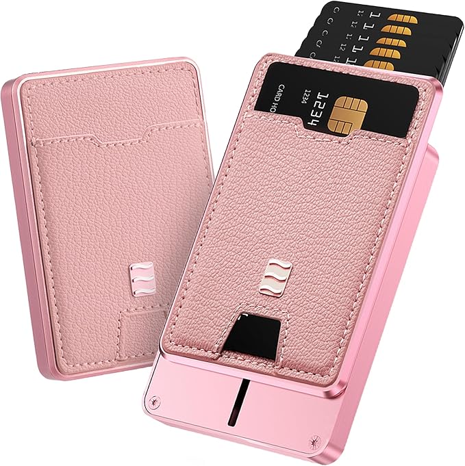 VENICE RFID Blocking Wallet, Minimalist Card Holder with Quick Access, Vegan Leather & Brushed Aluminum, Gift-Ready Packaging (Pink)