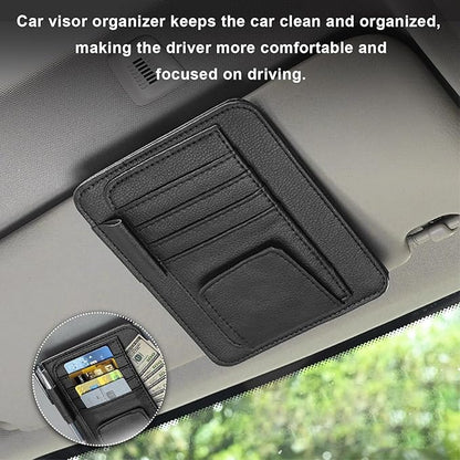 Dickno Small Leather Car Sun Visor Organizer, Multifunctional Auto Visor Document Holder with Sunglasses Clip, Universal Car Interior Organizer for Drving License, Card, Pen (Black)
