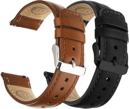 Fullmosa 18mm 20mm 22mm 24mm Leather Watch Bands, 2 Pack Soft Quick Release Watch Strap Compatible with Garmin Vivoactive 5/6/4/3, Venu 4/3S/2S, Samsung Galaxy Fossil Amazfit for Men Women,18mm Toffee Brown&Silver/Black&Black