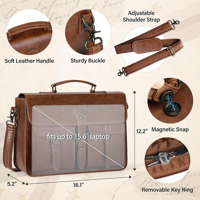 RAINSMORE Messenger Bag for Men 15.6 Inch Leather Vintage Laptop Briefcase Large Laptop Bag Waterproof Satchel Bag Computer Shoulder Bag for Office Work Travel College, Brown
