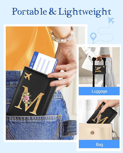 Slohif Initial Passport Holder Cover Wallet Case for Travel Women - Leather Letter Passport Book Family Multiple Personalized Organizer Card Slots Protector Sleeve Essentials Slim Carrier Black M