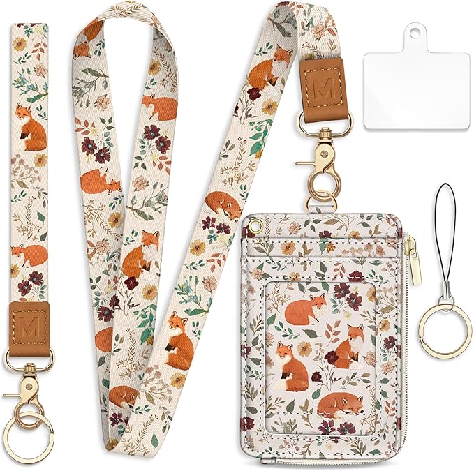 Lanyard Wallet with Id Badge Holder, Foxes RFID Small Keychain Wallet Women Wristlet, Cute Zipper Credit Card Holder Phone Wrist Neck Strap for Key Name Tag, Teacher Student Office Gifts