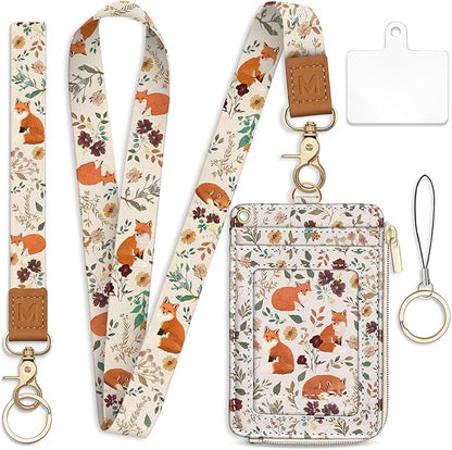 Lanyard Wallet with Id Badge Holder, Foxes RFID Small Keychain Wallet Women Wristlet, Cute Zipper Credit Card Holder Phone Wrist Neck Strap for Key Name Tag, Teacher Student Office Gifts