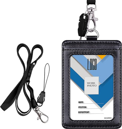 Badge Holder, Wisdompro School Supply 2-Sided PU Leather College ID Badge Card Holder Wallet Case with 1 Clear ID Window and 1 Credit Card Slot and 22 Inch Detachable Neck Lanyard - Black (Vertical)