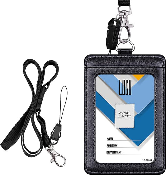 Badge Holder, Wisdompro School Supply 2-Sided PU Leather College ID Badge Card Holder Wallet Case with 1 Clear ID Window and 1 Credit Card Slot and 22 Inch Detachable Neck Lanyard - Black (Vertical)