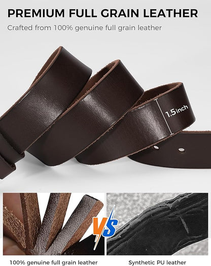 Men's Everyday Casual Belt - 1.5 Inch Full Grain Genuine Leather with Brass Buckle
