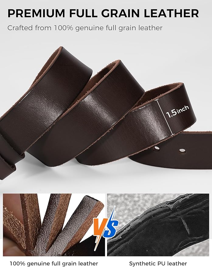 Men's Everyday Casual Belt - 1.5 Inch Full Grain Genuine Leather with Brass Buckle