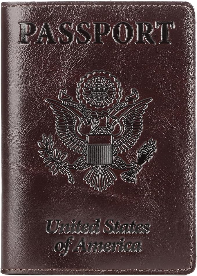 Shvigel US Leather Passport Book Cover - Thin American Travel Passport Holder - Premium International USA Passport Protector Case for Women Men (Glossy Brown)
