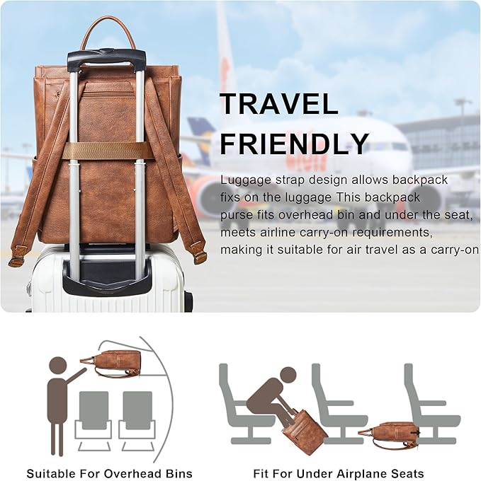 Leather Laptop Backpack for Women, Travel Backpack Purse Fits 15.6 Inch Laptop, Casual Daypack with Laptop Compartment for Teachers College Work Business Nurse Weekender, Brown