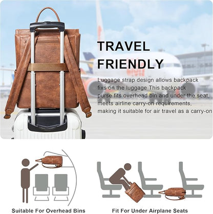 Leather Laptop Backpack for Women, Travel Backpack Purse Fits 15.6 Inch Laptop, Casual Daypack with Laptop Compartment for Teachers College Work Business Nurse Weekender, Brown